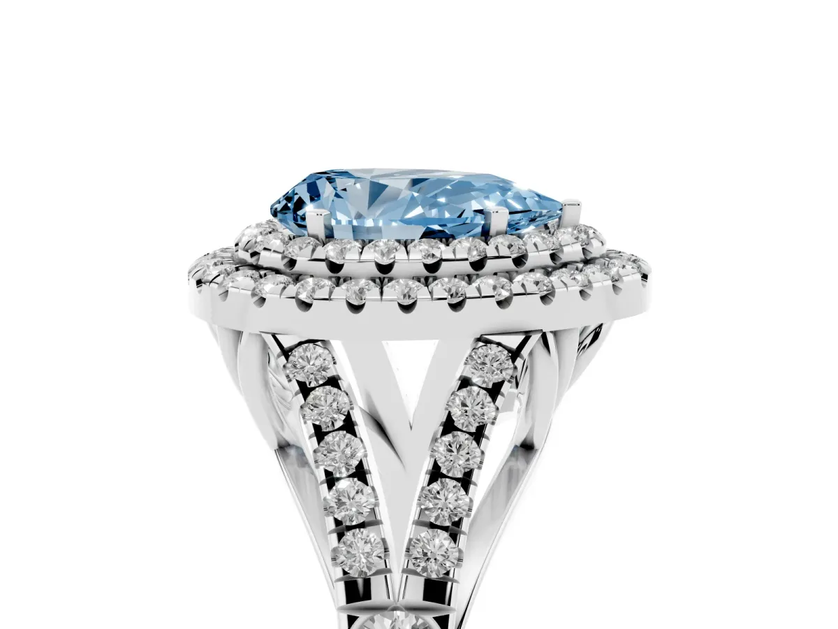 Fancy Blue Pear Cut Diamond Double Halo Ring with Split Shank and Prong Setting White gold