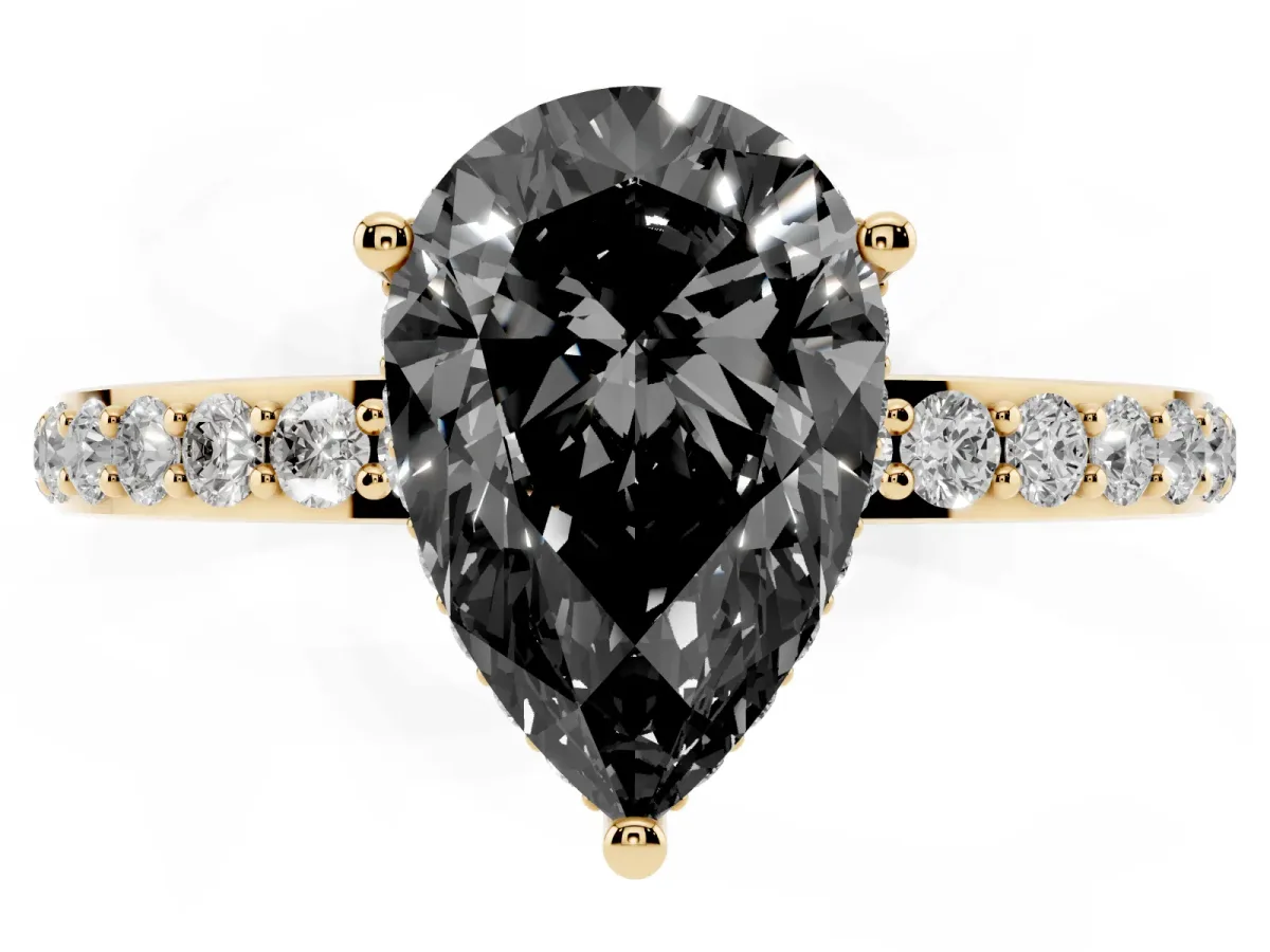 Fancy Black Pear Cut Diamond Solitaire Ring with Pavé Band and Hidden Halo Yellow gold