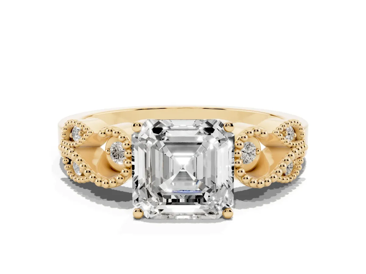Asscher Cut Solitaire Milgrain Leaf Band with Prong Setting Yellow gold