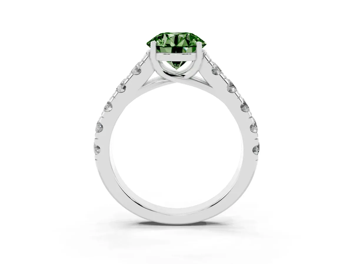 Fancy Green Round Cut Cut Diamond Solitaire Ring with Micro Pave Band and Prong Setting Silver