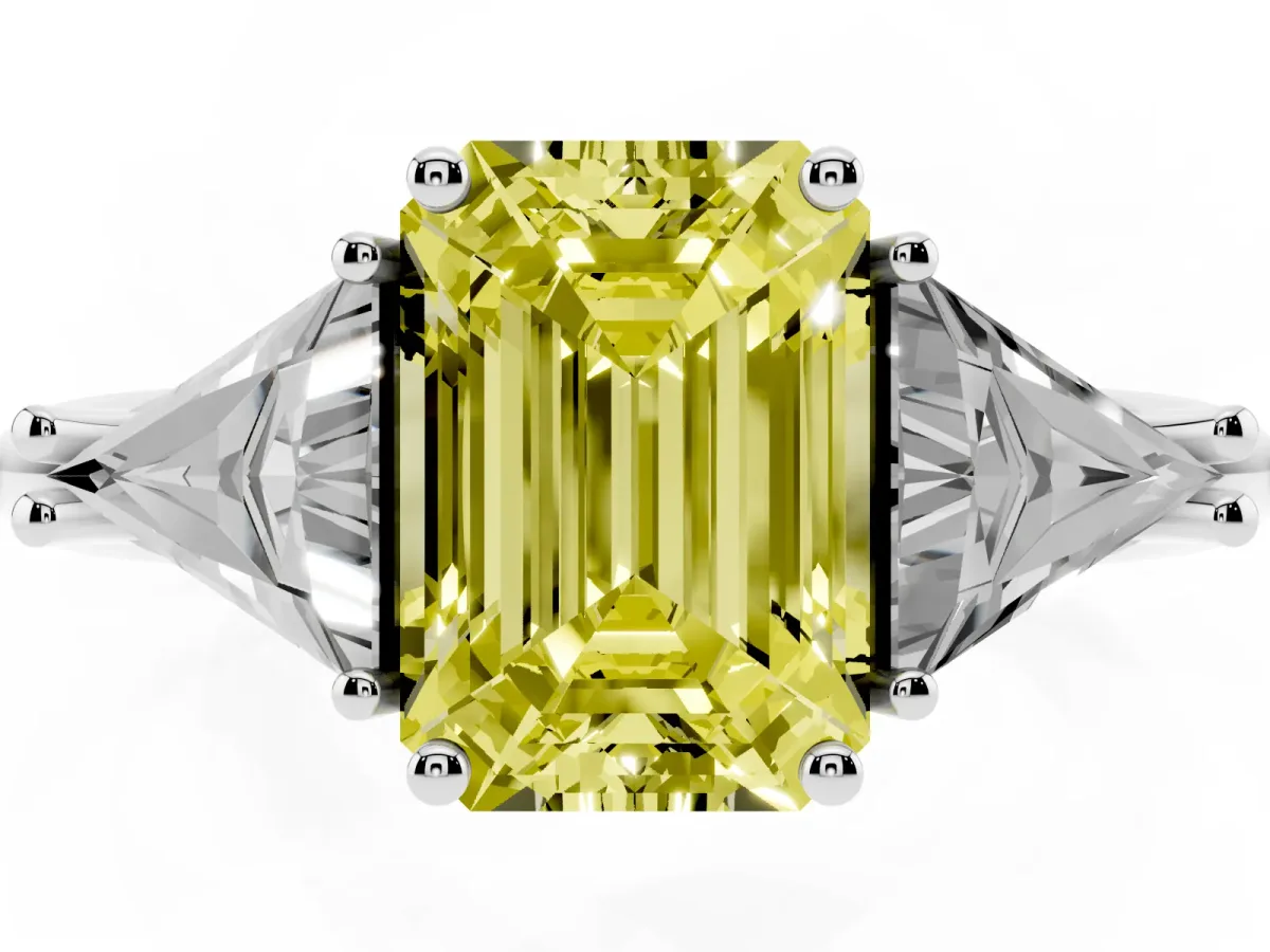 Fancy Yellow Three-Stone Emerald Cut Diamond Engagement Ring with Trillion Side Stones and Prong Setting White gold