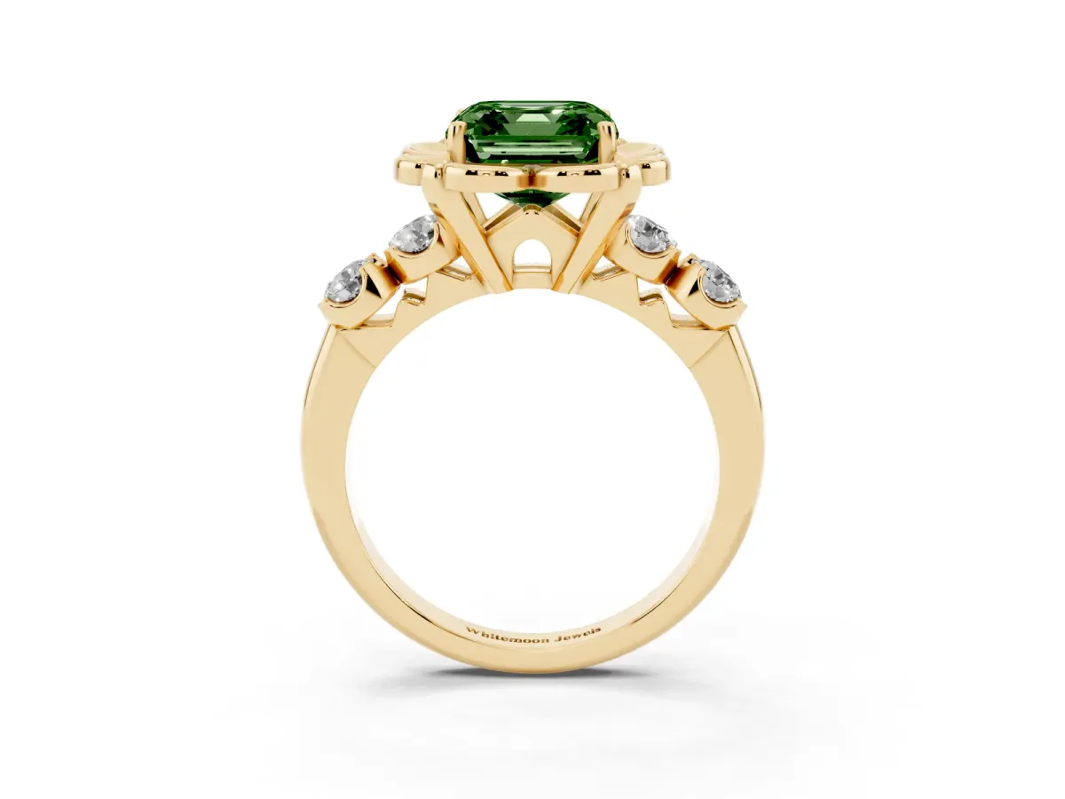 Fancy Green Asscher Cut Cut Diamond Floral Halo Engagement Ring with Shared Prong Setting Yellow gold