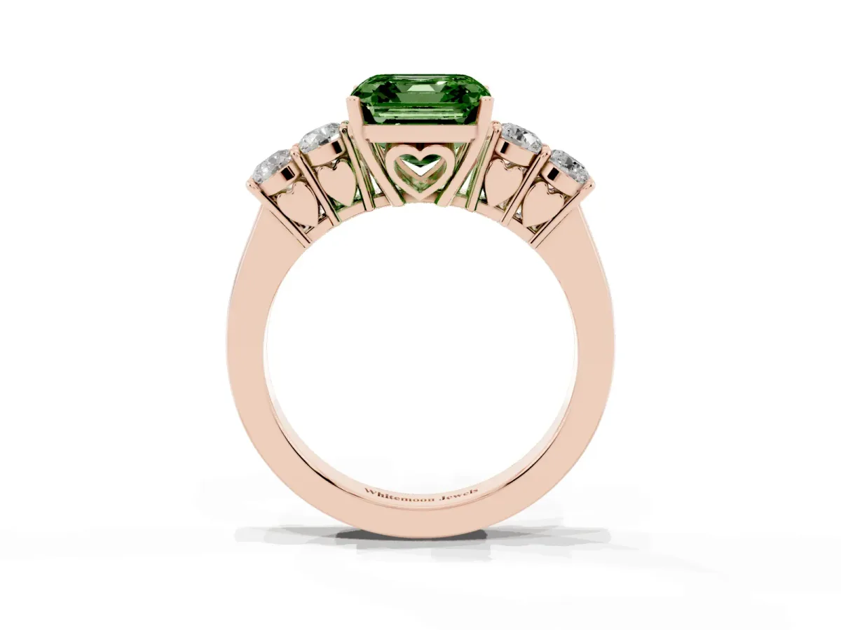 Fancy Green Asscher Cut Cut Diamond Five-Stone Prong Set White Gold Ring Rose gold