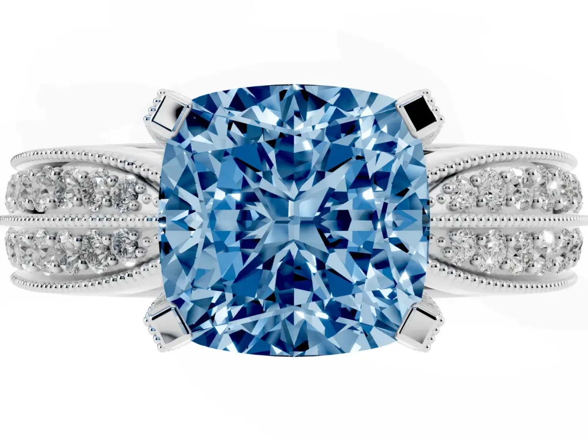 Fancy Blue Cushion Cut Diamond Solitaire Ring with Milgrain Round Pavé Band and Prong Setting White gold
