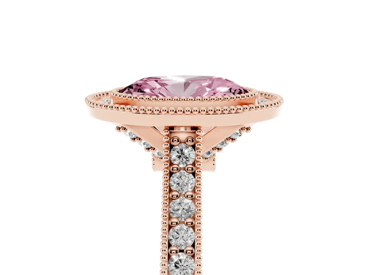 Fancy Pink Halo Oval Cut-Cut Diamond Pave Band Milgrain Prong Setting Ring Rose gold