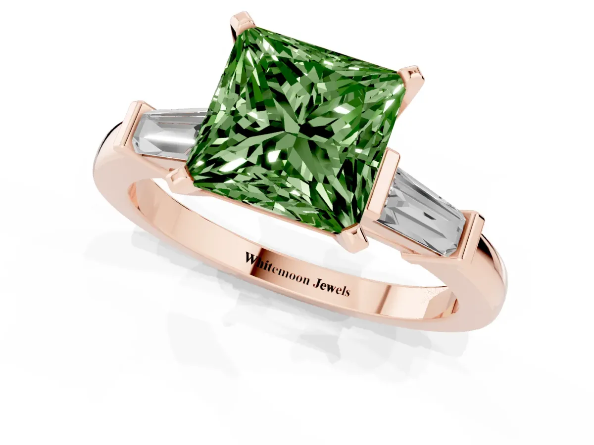 Fancy Green Princess Cut Cut Diamond Solitaire Ring with Tapered Baguette Accents and Four-Prong Setting Rose gold