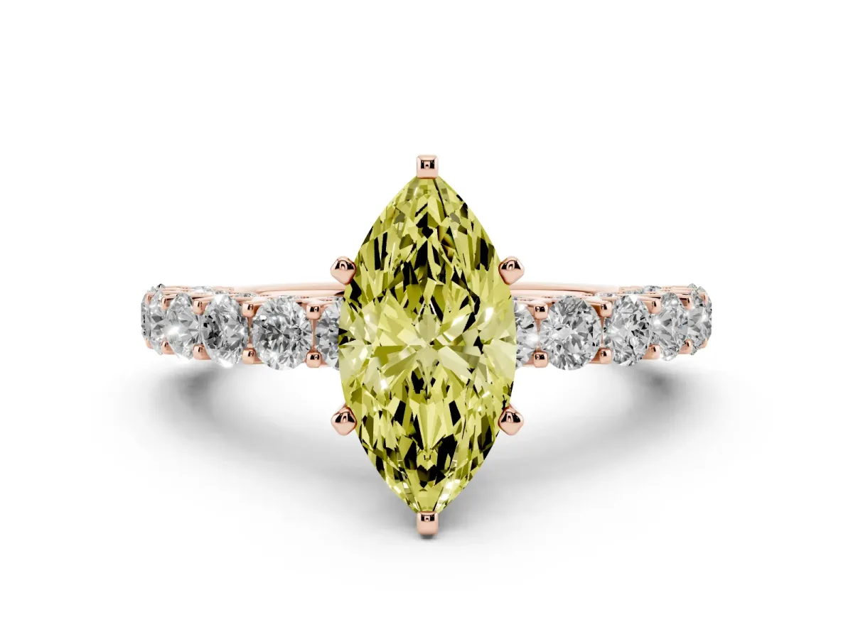 Fancy Yellow Marquise Cut Diamond Solitaire Ring with Shared Prong Pavé Band and Four-Prong Setting Rose gold