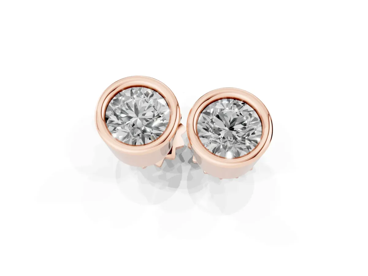 Bezel Set Round Diamond Stud Earrings with Push Back Rose gold