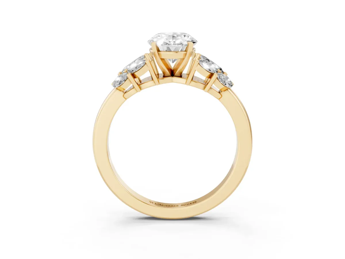Oval Cut Diamond Cluster Leaf Design Ring with Prong Setting Yellow gold