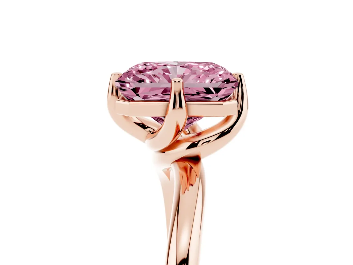 Fancy Pink Radiant Cut Diamond Solitaire Engagement Ring with Four-Prong Setting and Classic Band Rose gold
