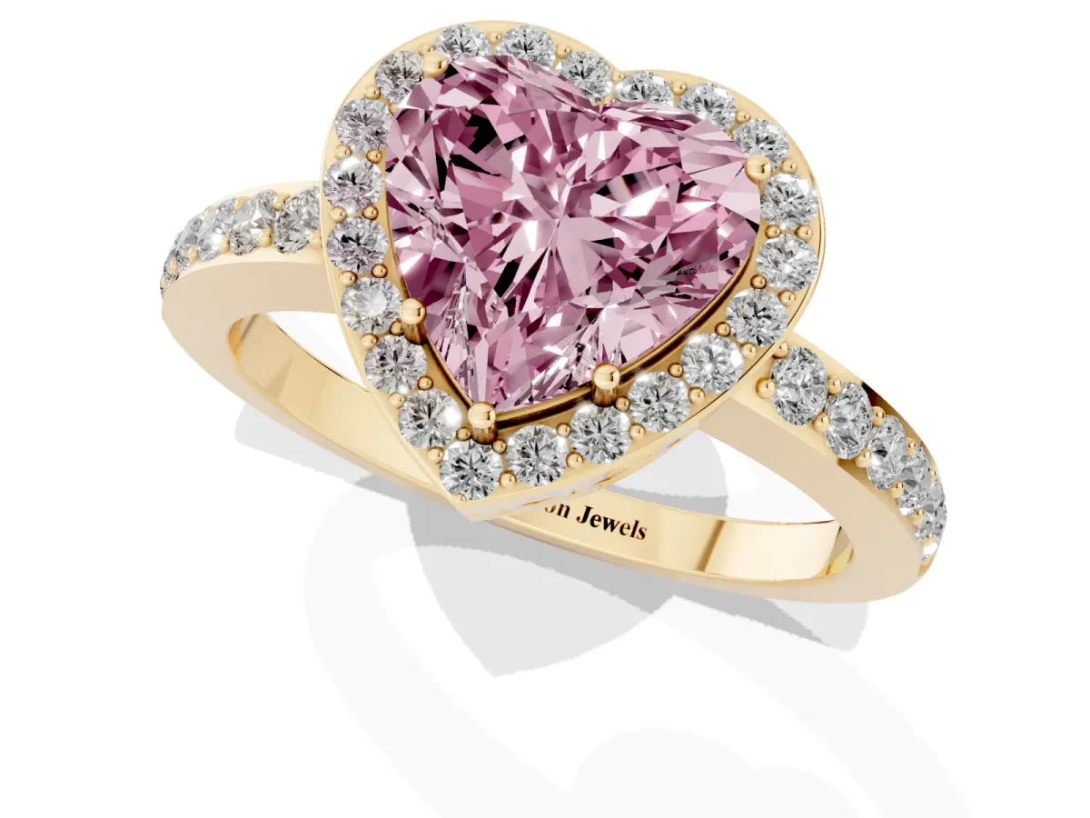 Fancy Pink Heart Cut Halo Diamond Pavé Band Ring with Prong Setting Yellow gold