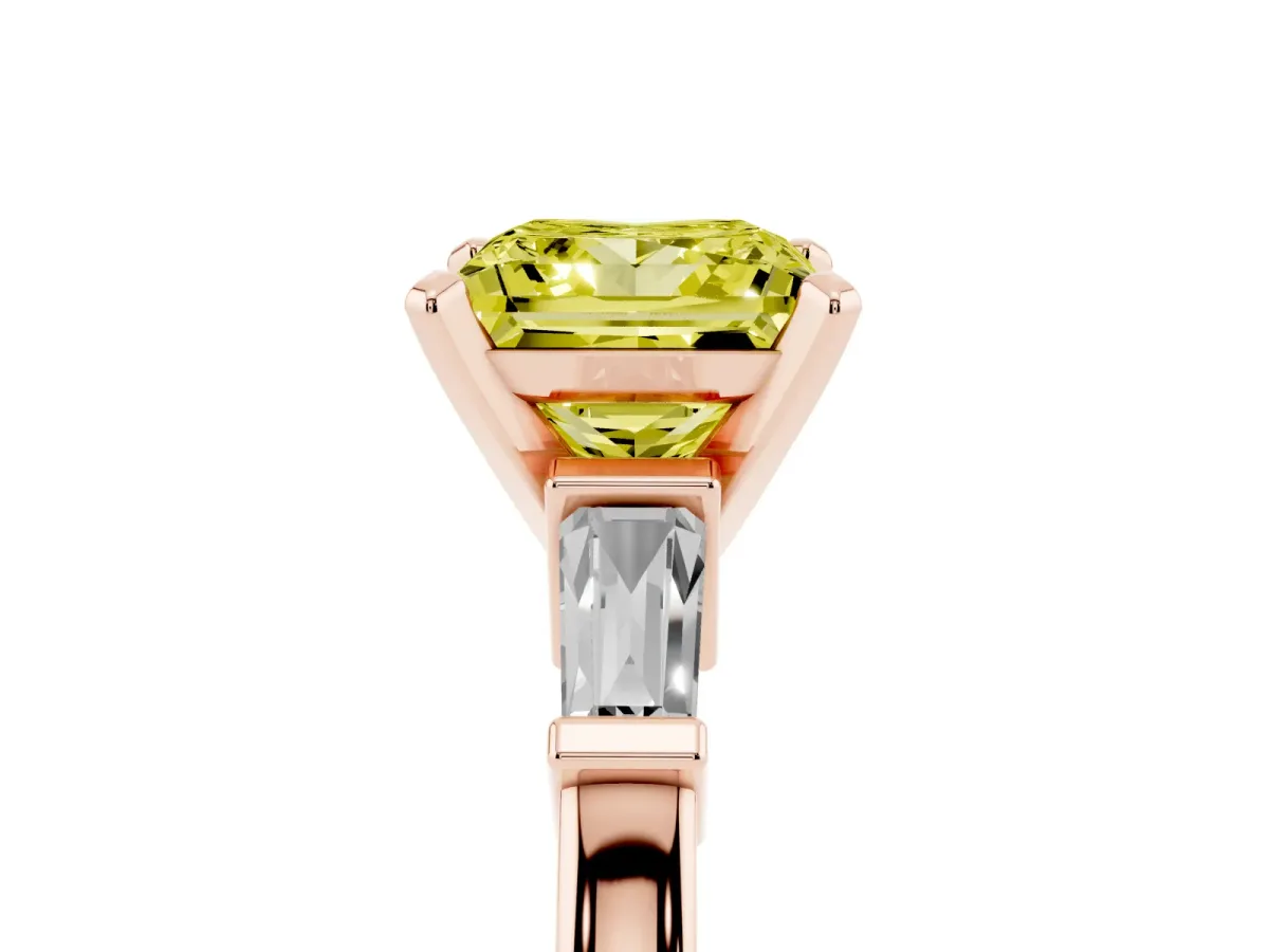 Fancy Yellow Princess Cut Cut Diamond Solitaire Ring with Tapered Baguette Accents and Four-Prong Setting Rose gold