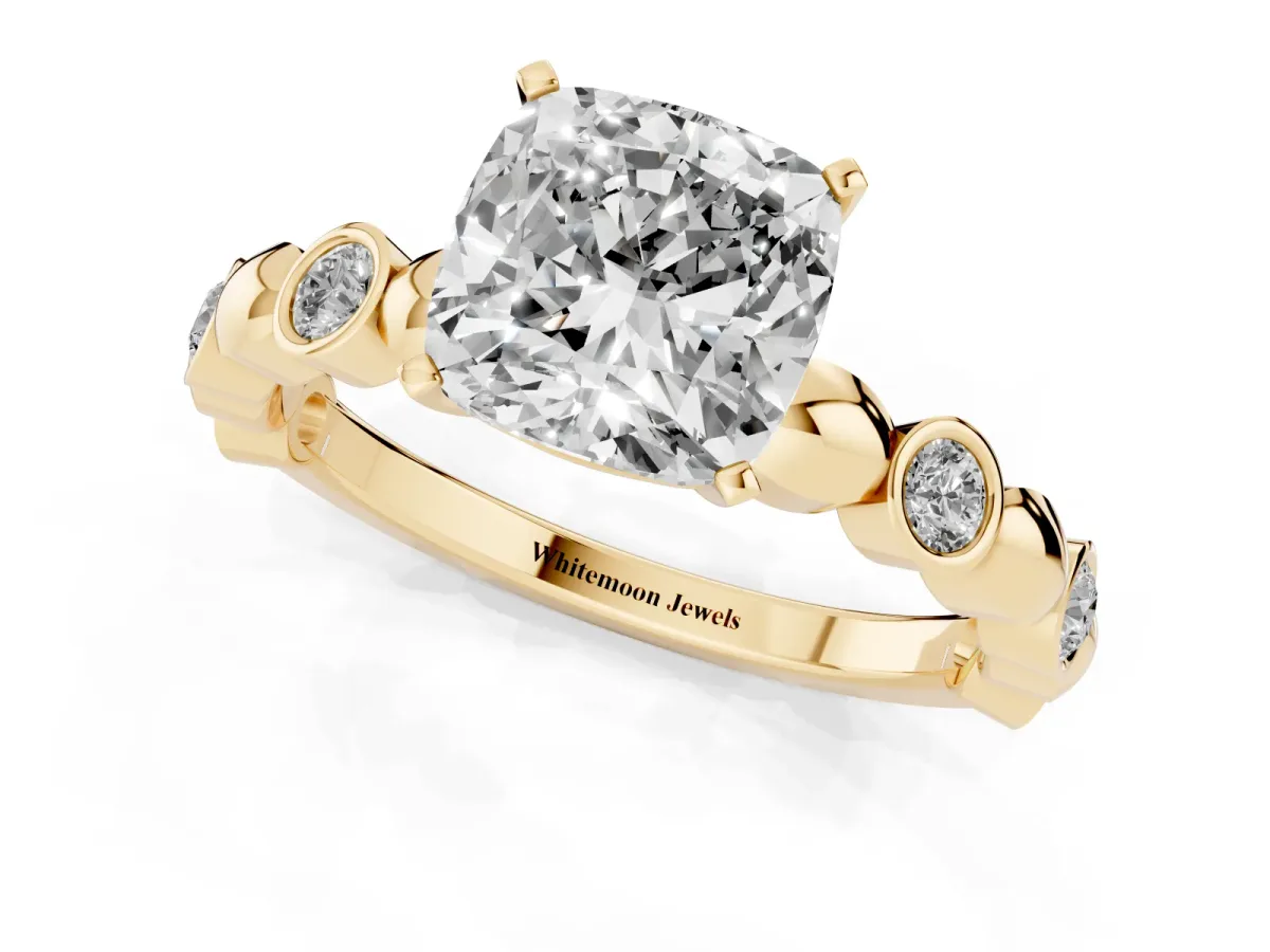 Cushion Cut Solitaire Bezel-Set Diamond Ring with Beaded Band and Four-Prong Setting Yellow gold