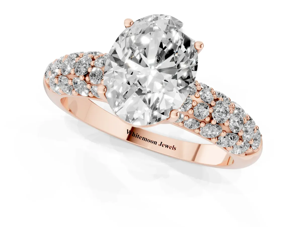 Oval Cut Diamond Pavé Band Solitaire Ring with Four-Prong Setting Rose gold