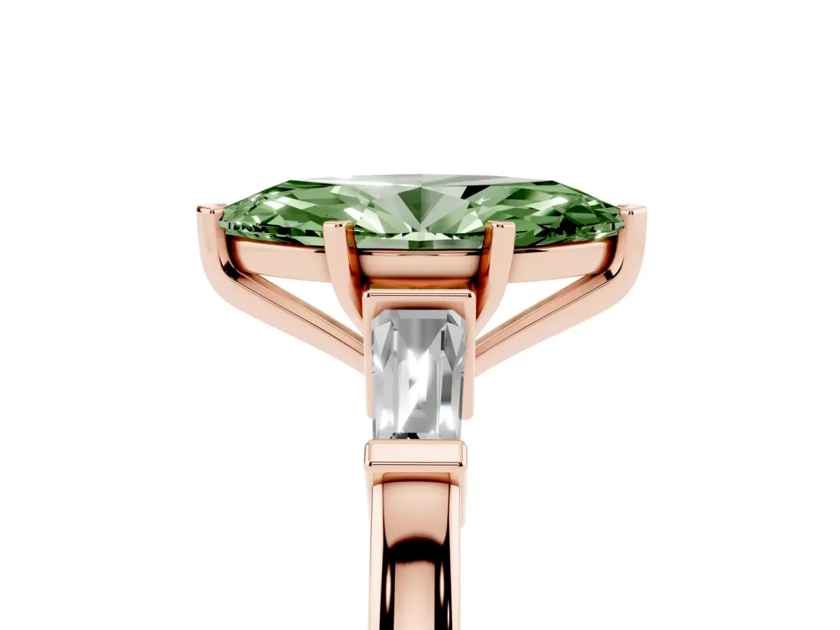 Fancy Green Marquise Cut Cut Diamond Solitaire Ring with Tapered Baguette Accents and Four-Prong Setting Rose gold