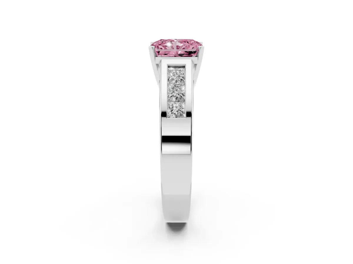 Fancy Pink Radiant Cut Cut Channel Set Solitaire Ring with Four-Prong Setting Platinum
