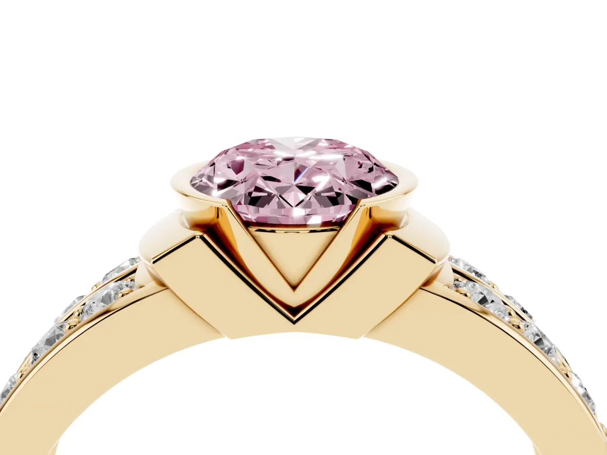 Fancy Pink Oval Cut Brilliant Diamond Channel Set Wide Band Ring with Bezel Setting Yellow gold