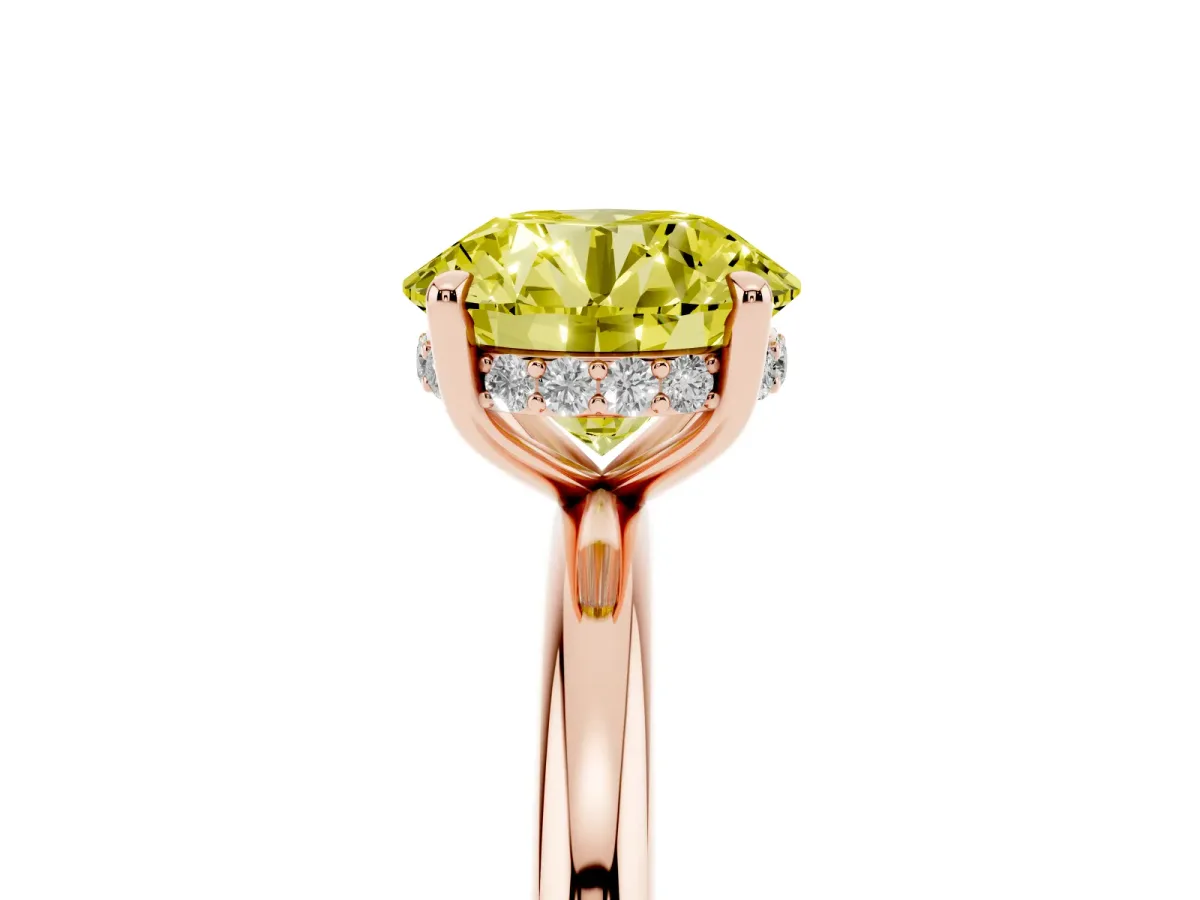 Fancy Yellow Round Cut Diamond Solitaire Ring with Thin Band and Four-Prong Setting Rose gold