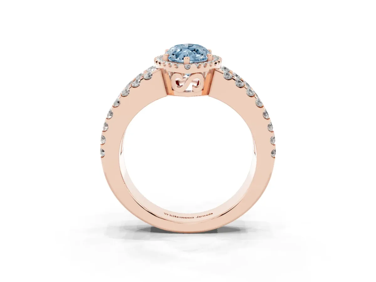 Fancy Blue Marquise Cut Cut Halo Split Shank Diamond Ring with Four-Prong Setting Rose gold