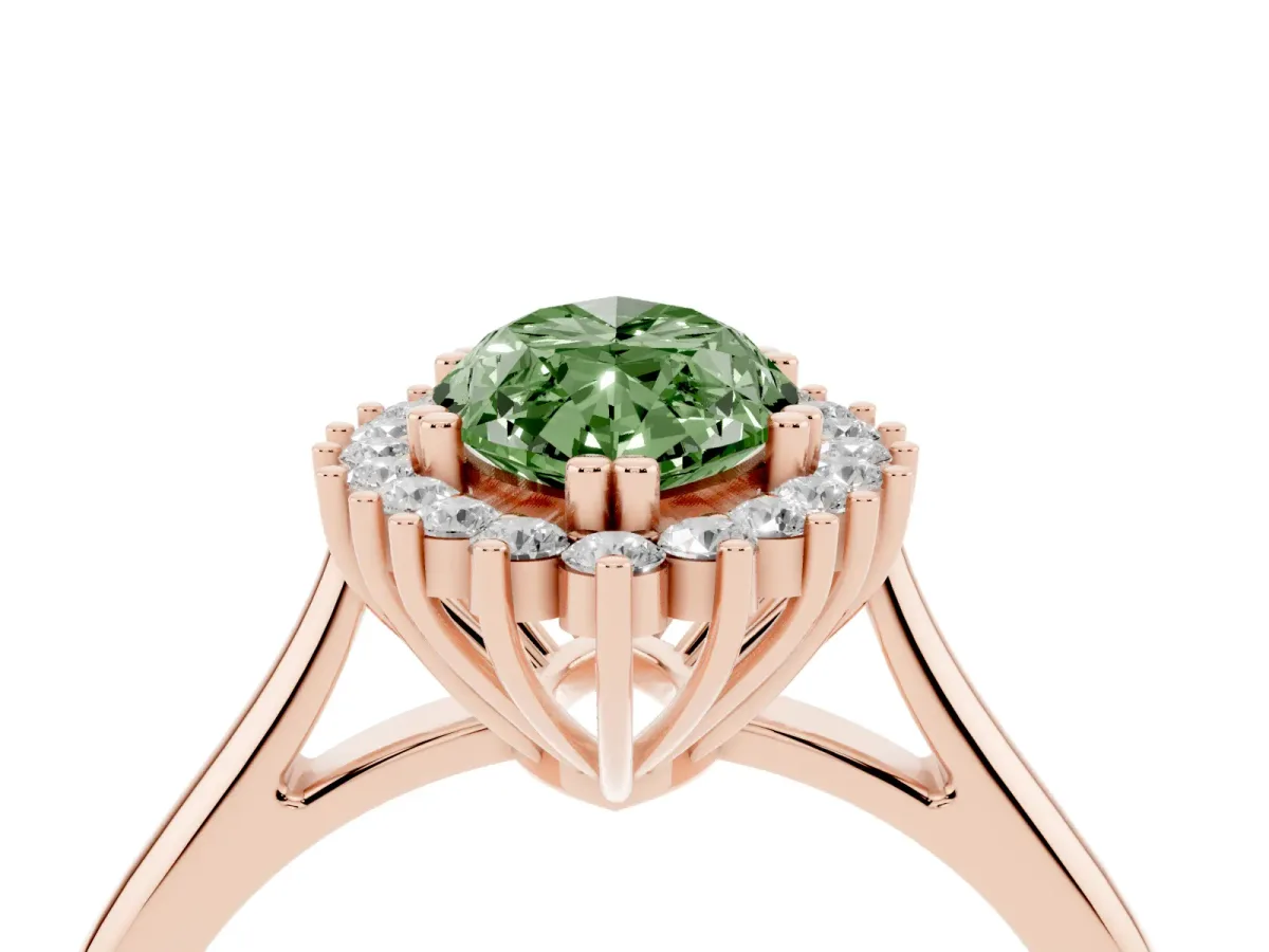 Fancy Green Marquise Cut Cut Diamond Halo Ring with Solitaire Band and Prong Setting Rose gold
