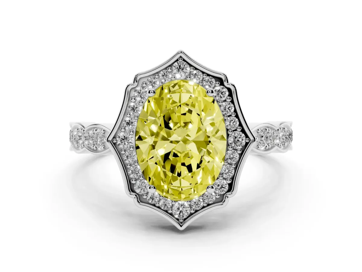 Fancy Yellow Oval Cut Halo Diamond Engagement Ring with Milgrain Band and Four-Prong Setting White gold