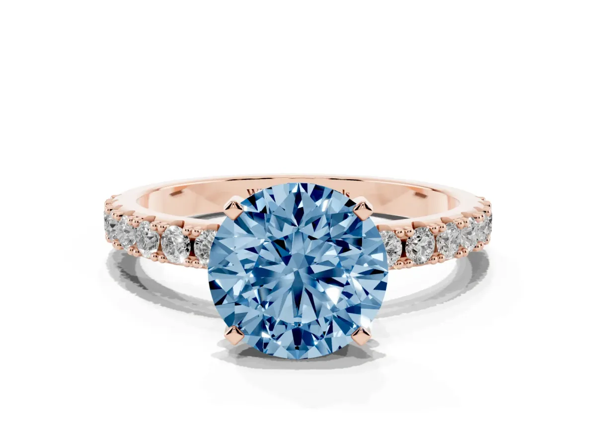 Fancy Blue Round Cut Diamond Solitaire Pavé Band with Four-Prong Setting Rose gold