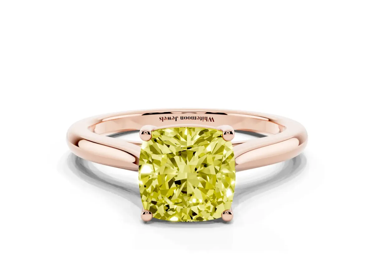 Fancy Yellow Cushion Cut Cut Solitaire Ring with Cathedral Band and Four-Prong Setting Rose gold