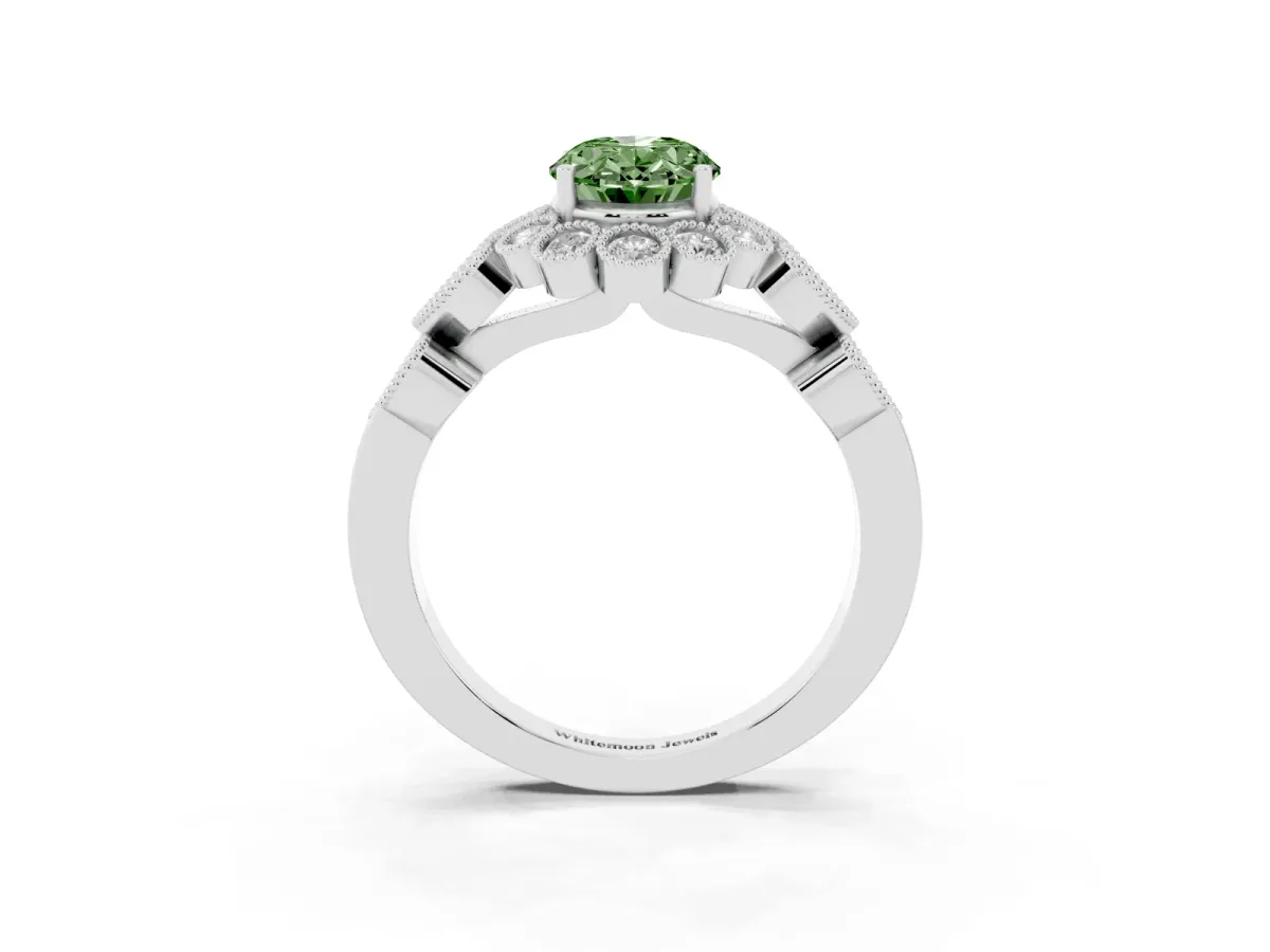 Fancy Green Oval Cut Brilliant Milgrain Pave Heart Band Solitaire Ring White gold