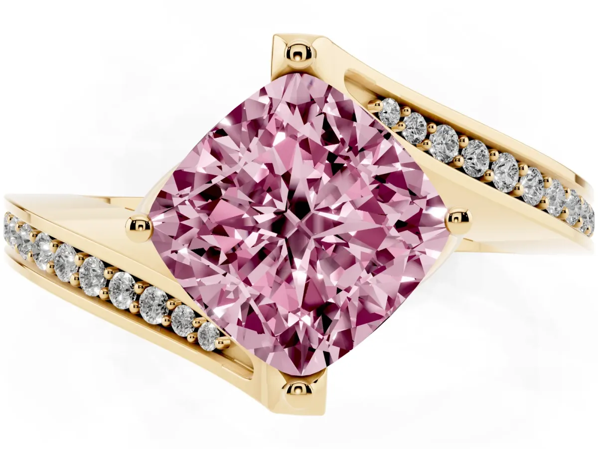 Fancy Pink Cushion Cut Solitaire Diamond Twist Band with Pavé Setting and Four-Prong Setting Yellow gold