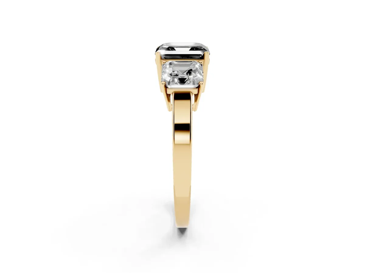 Fancy Black Three-Stone Asscher Cut Cut Diamond Engagement Ring with Flat Band and Four-Prong Setting Yellow gold