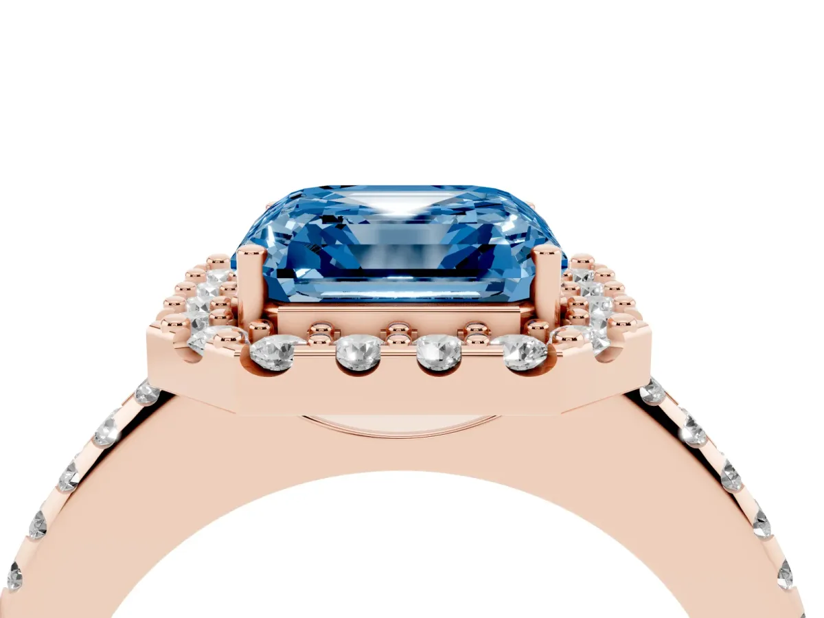 Fancy Blue Asscher Cut Diamond Pavé Halo Ring with Four-Prong Setting Rose gold