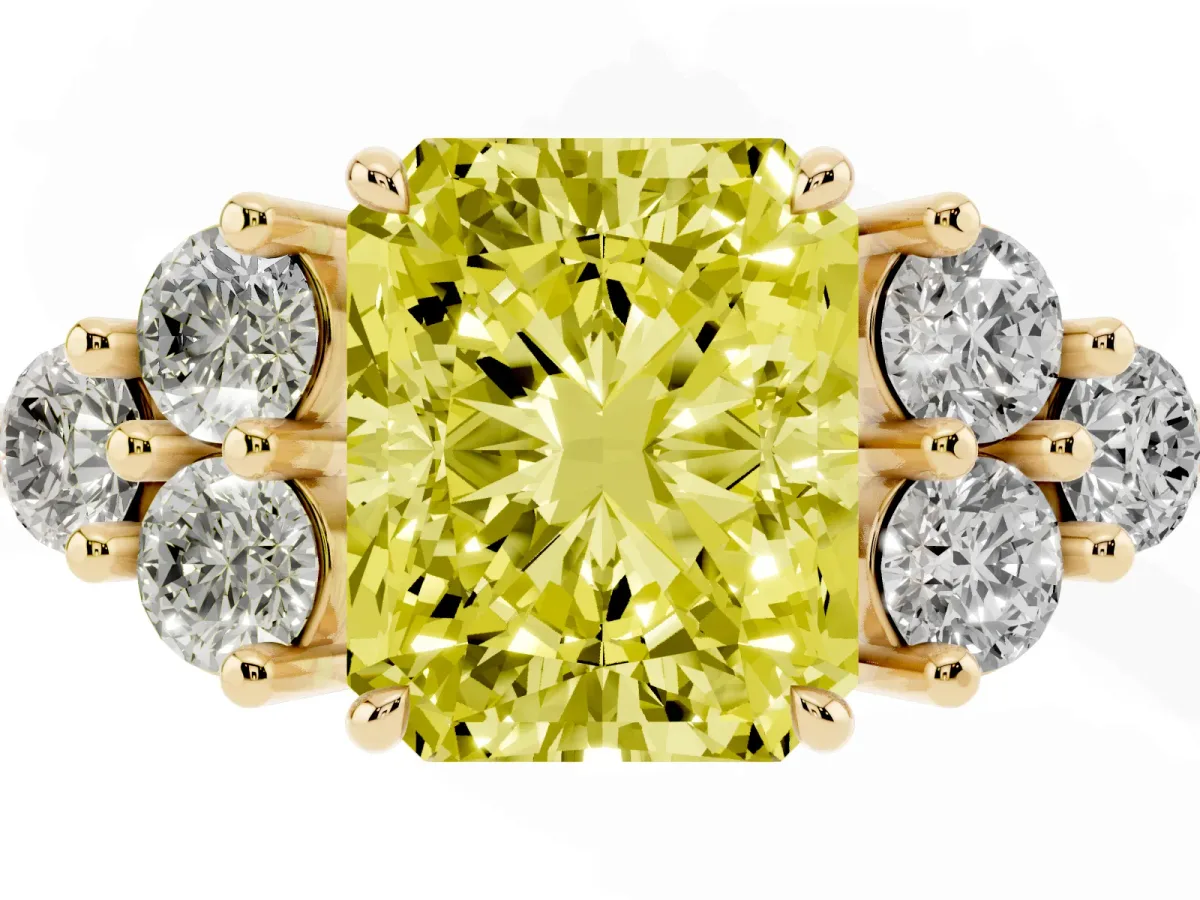 Fancy Yellow Radiant Cut Brilliant Diamond Cluster Accent Solitaire Ring with Prong Setting Yellow gold