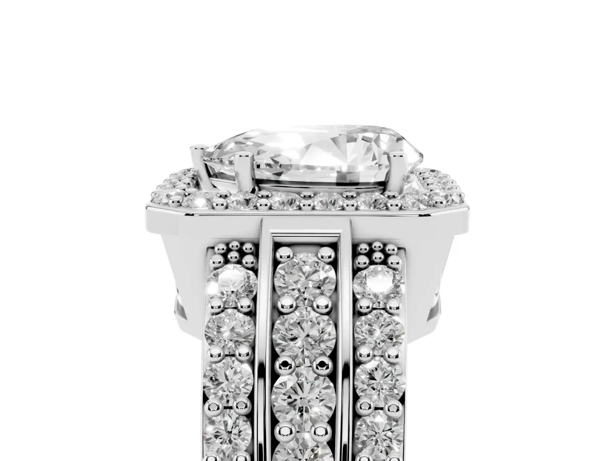 Pear Cut Halo Diamond Ring with Round Split Shank and Prong Setting White gold