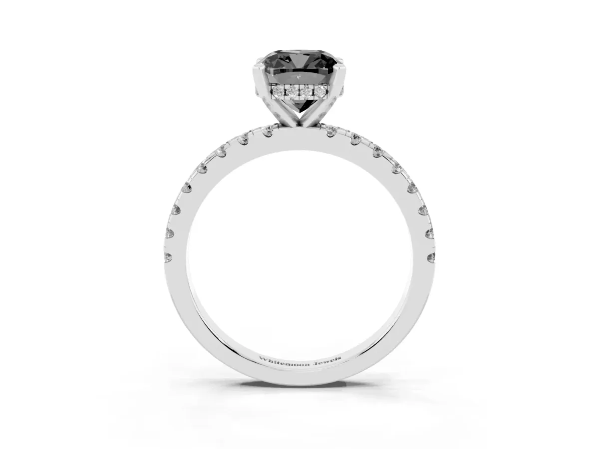 Fancy Black Cushion Cut Diamond Solitaire Ring with Round Pavé Band and Four-Prong Setting Silver