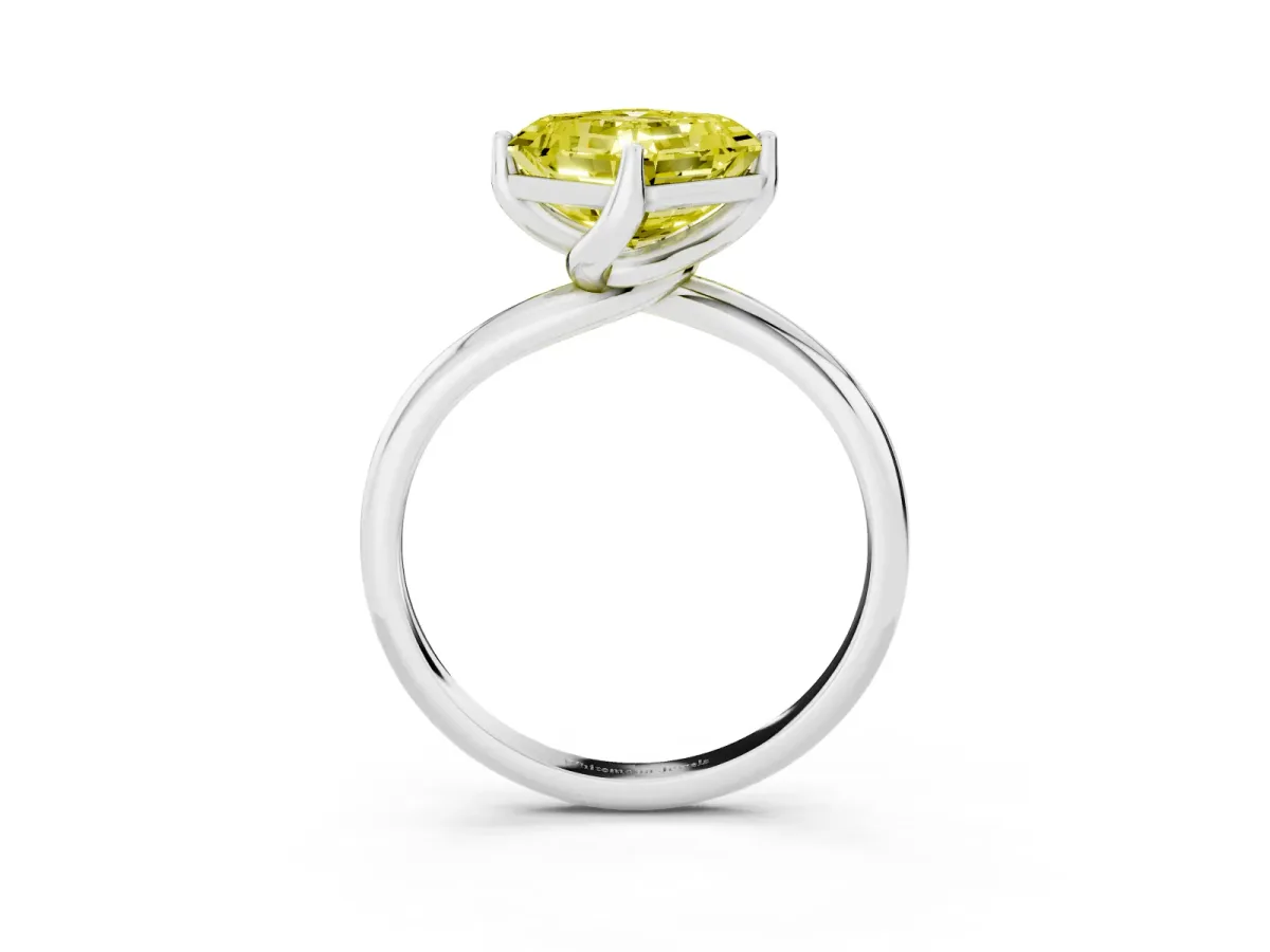 Fancy Yellow Asscher Cut Diamond Solitaire Engagement Ring with Four-Prong Setting and Classic Band Platinum