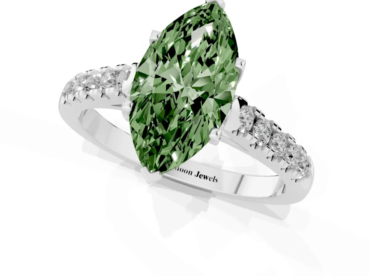 Fancy Green Marquise Cut Diamond Pavé Band Solitaire Ring with Prong Setting Silver
