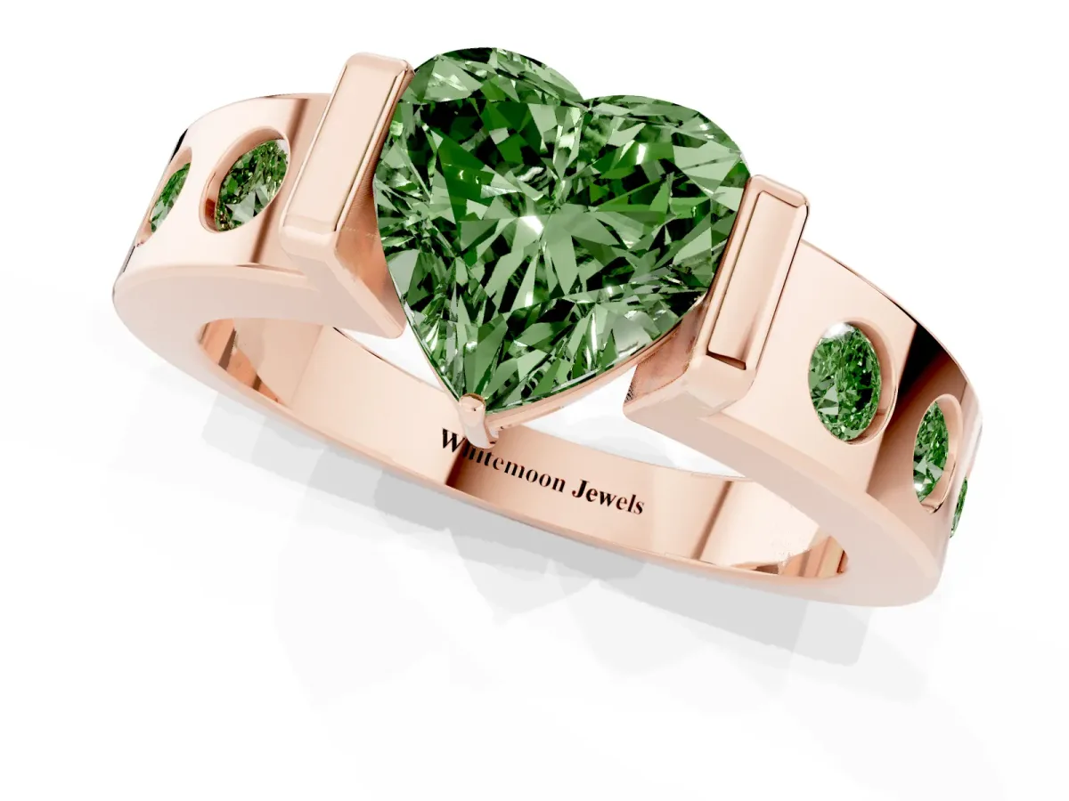 Fancy Green Heart Cut Brilliant Channel-Set Diamond Ring with Bezel Prong Setting Rose gold