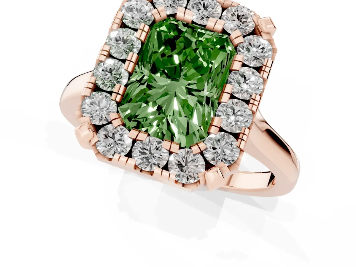 Fancy Green Radiant Cut Diamond Cluster Halo Solitaire with Four-Prong Setting Rose gold