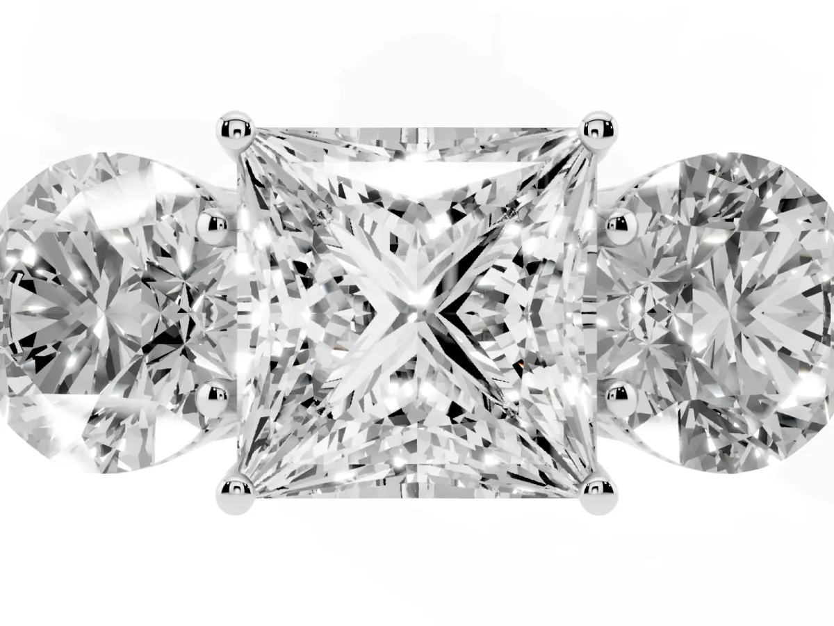 Three-Stone Princess Cut Diamond Engagement Ring with Prong Setting on a Classic Band Silver