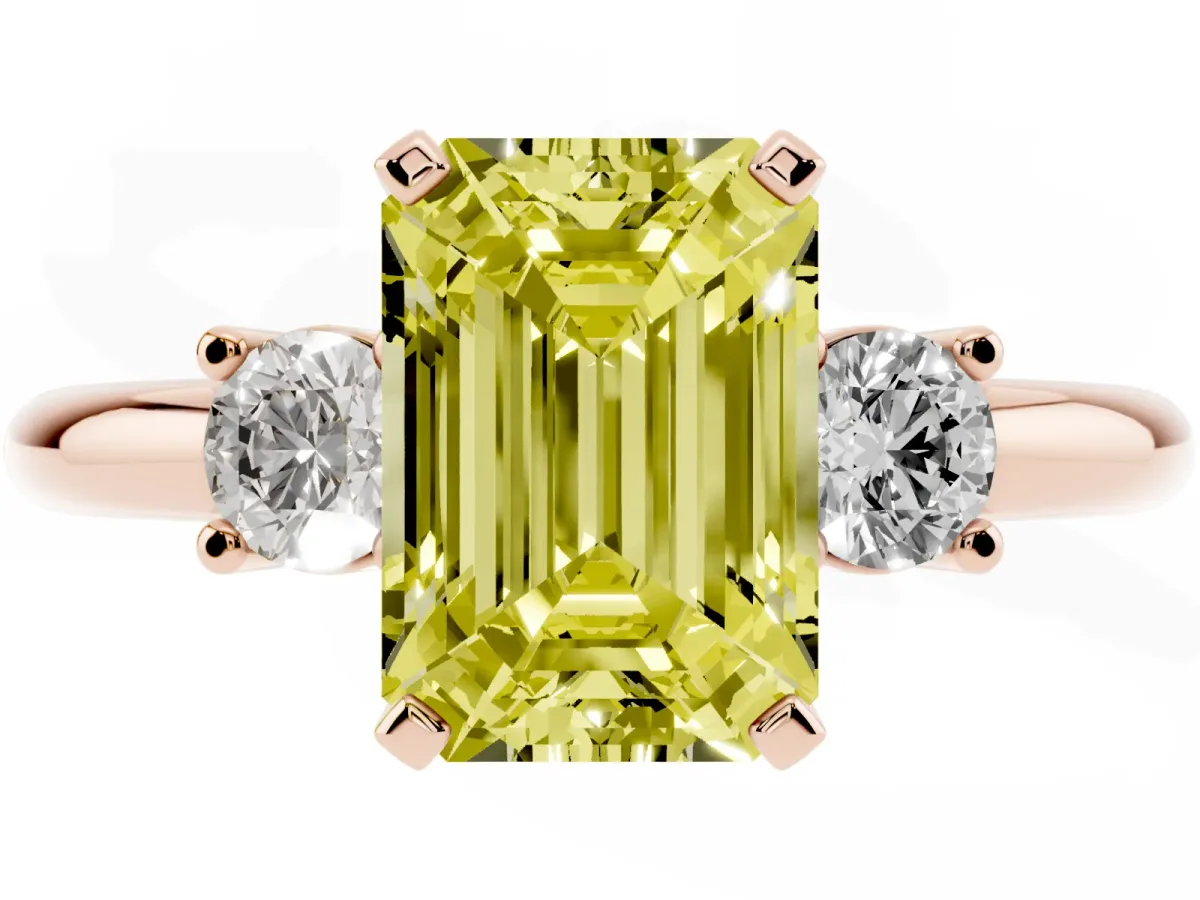 Fancy Yellow Three-Stone Emerald Cut Cut Diamond Solitaire with Prong Setting and Classic Band Rose gold