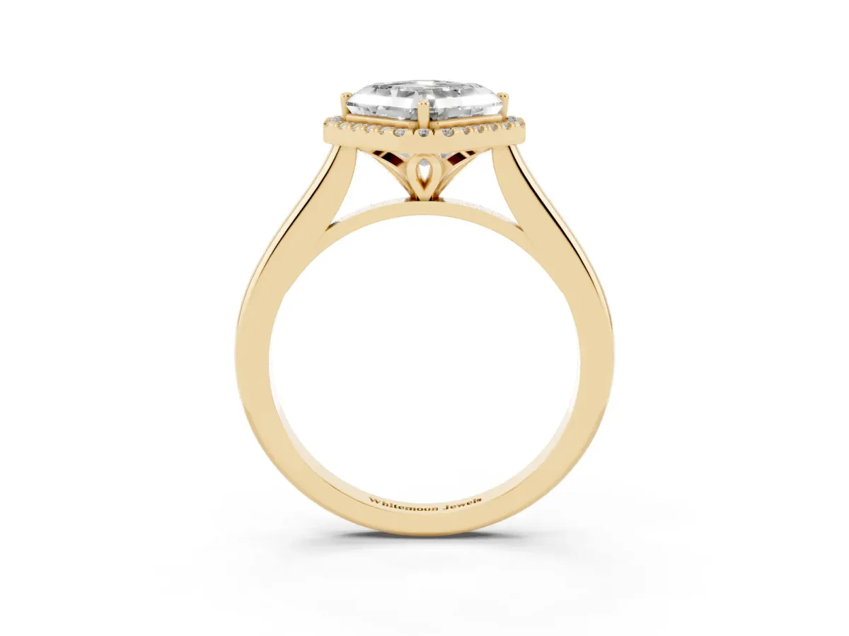 Asscher Cut Halo Round Diamond Solitaire Engagement Ring with Pave Band and Four-Prong Setting Yellow gold