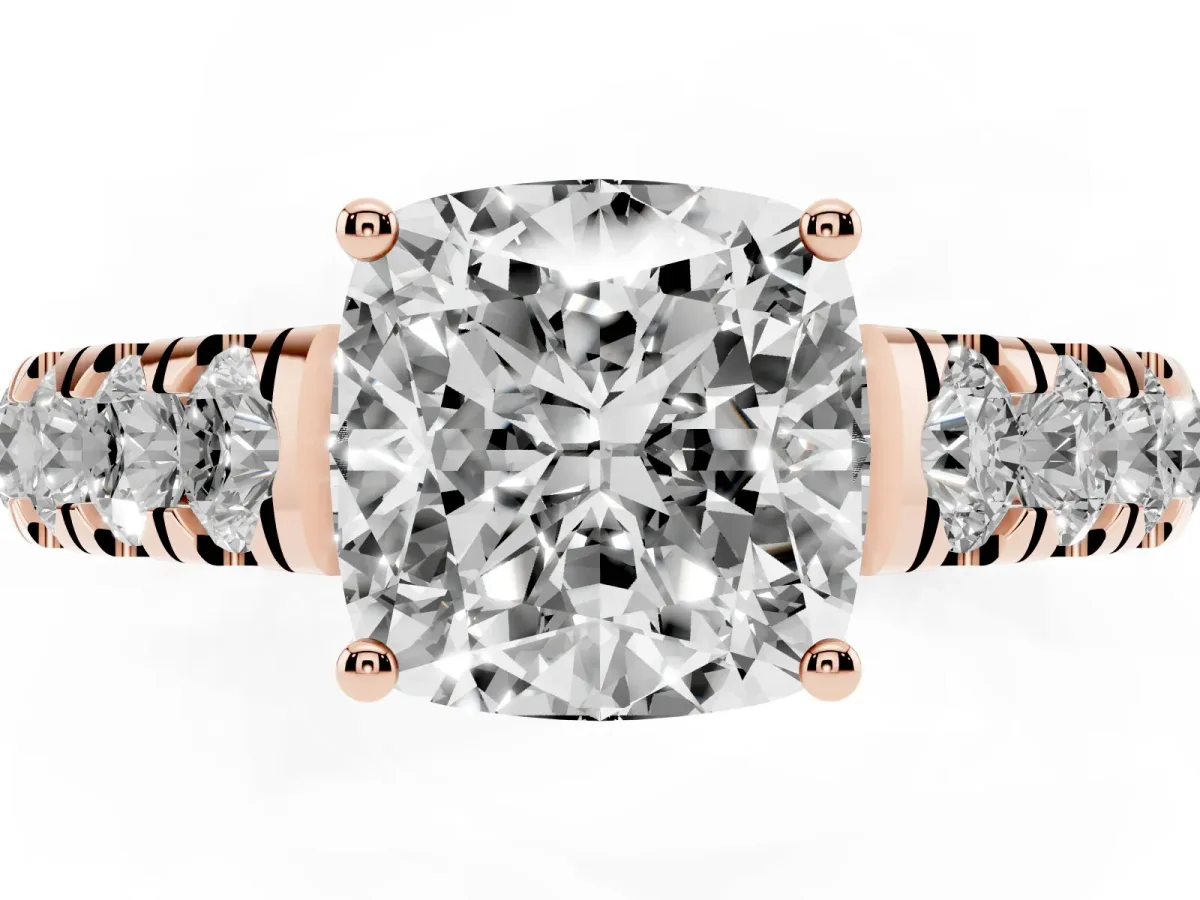 Cushion Cut Cut Diamond Solitaire Ring with Micro Pave Band and Prong Setting Rose gold