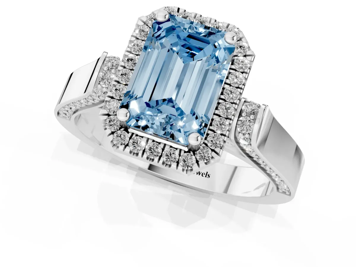 Fancy Blue Emerald Cut Halo Round Diamond Twist Band with Four-Prong Setting Silver