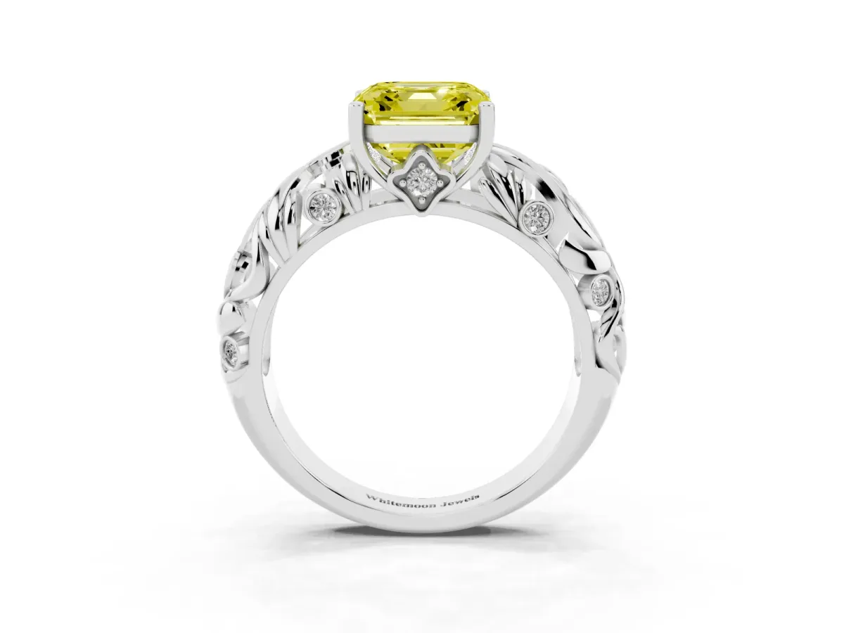 Fancy Yellow Asscher Cut Solitaire Diamond Leaf-Inspired Vine Band Ring with Prong Setting Platinum