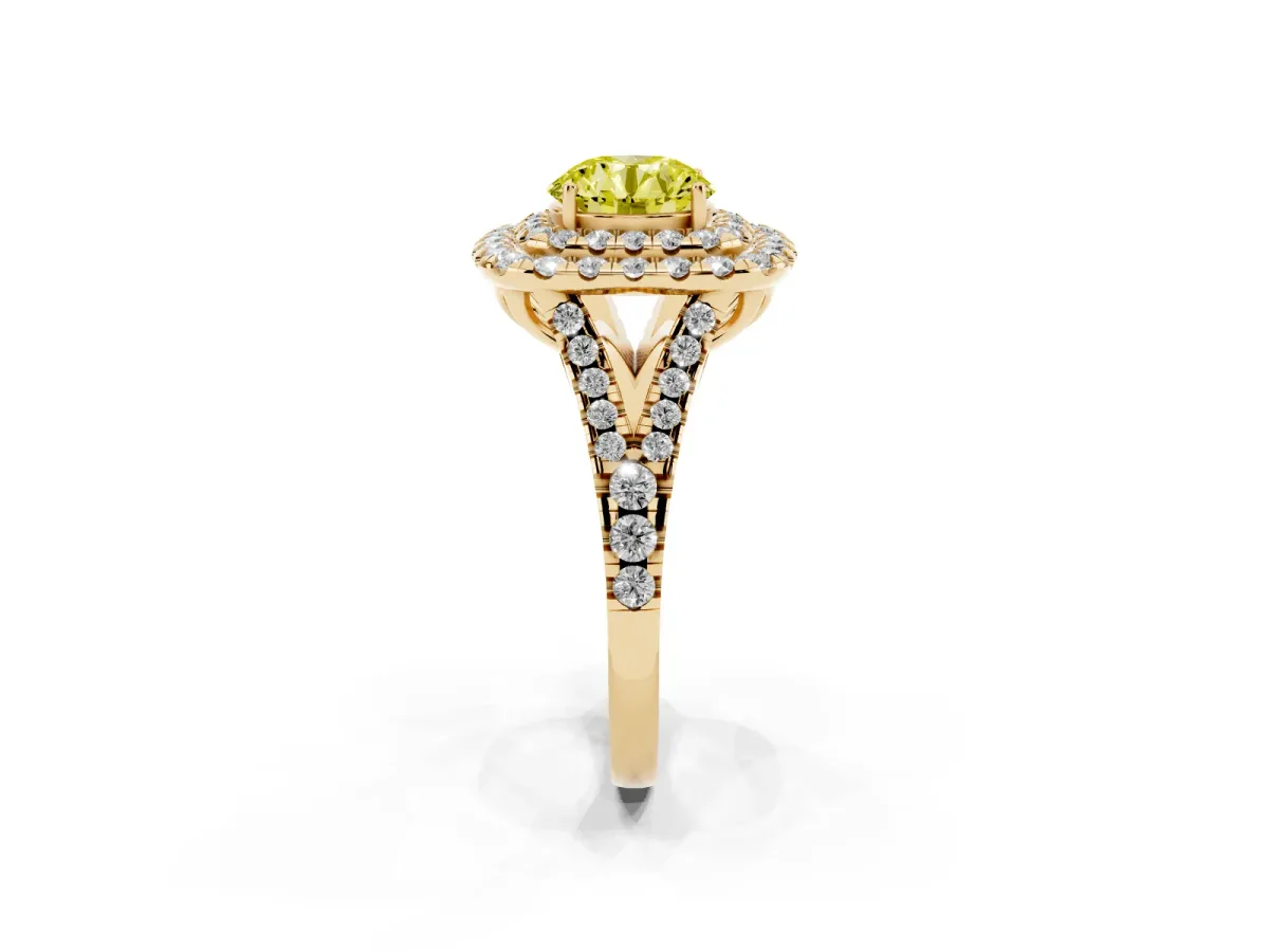 Fancy Yellow Double Halo Round Cut Diamond Pavé Split Shank Ring with Prong Setting Yellow gold