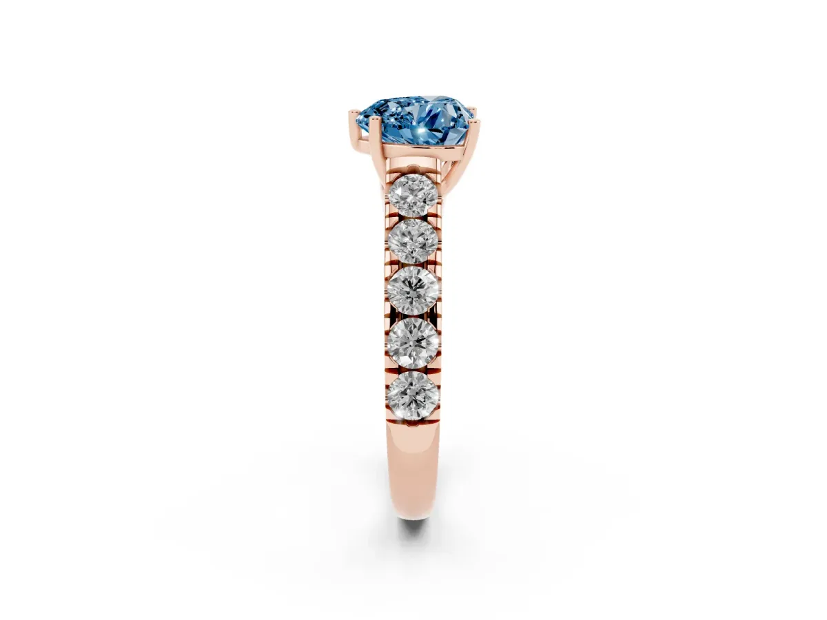Fancy Blue Heart Cut Cut Diamond Solitaire Ring with Micro Pave Band and Prong Setting Rose gold