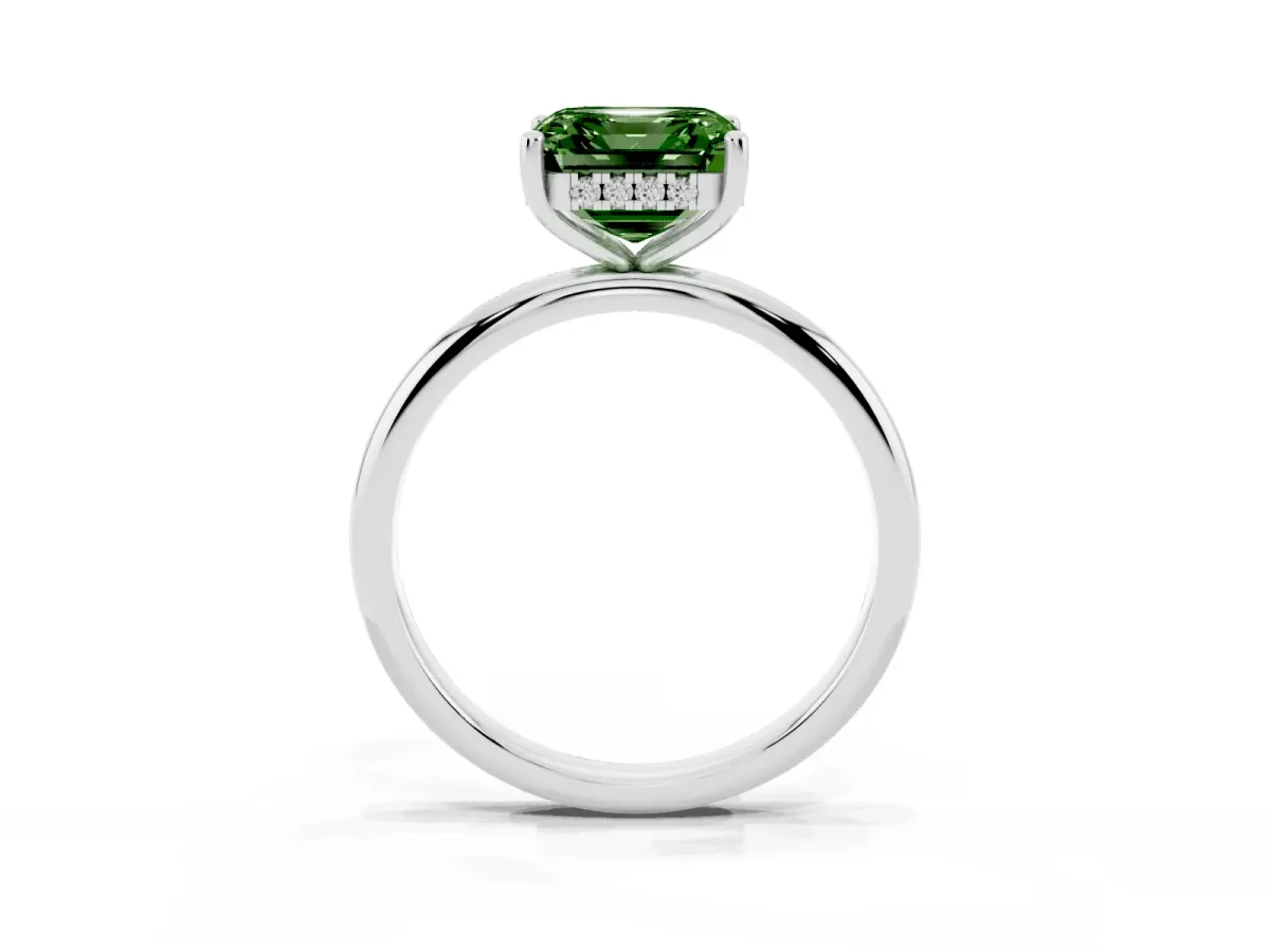 Fancy Green Asscher Cut Cut Solitaire Engagement Ring with Four-Prong Setting and Classic Band Silver