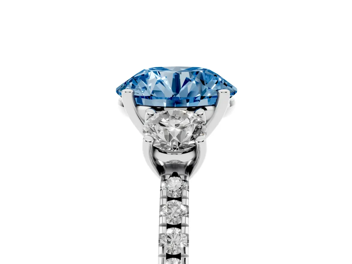 Fancy Blue Three-Stone Round Cut Cut Diamond Pavé Band with Prong Setting Silver