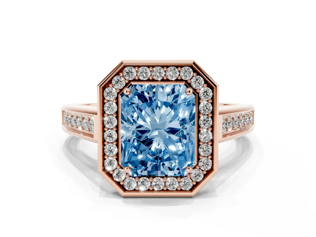 Fancy Blue Radiant Cut Halo Solitaire Diamond Ring with Pave Band and Bezel Setting Rose gold