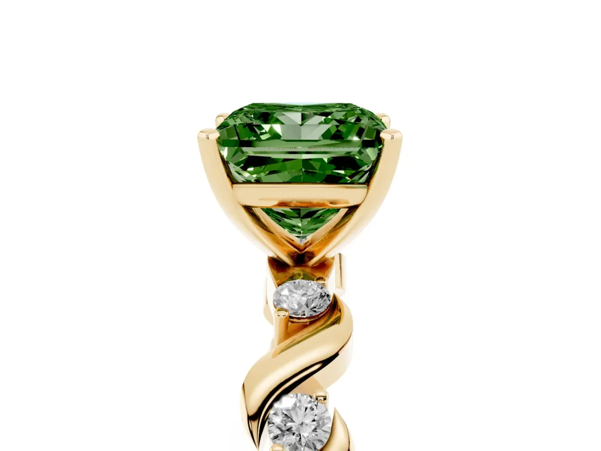 Fancy Green Princess Cut Diamond Solitaire Twisted Band with Round Accents and Prong Setting Yellow gold